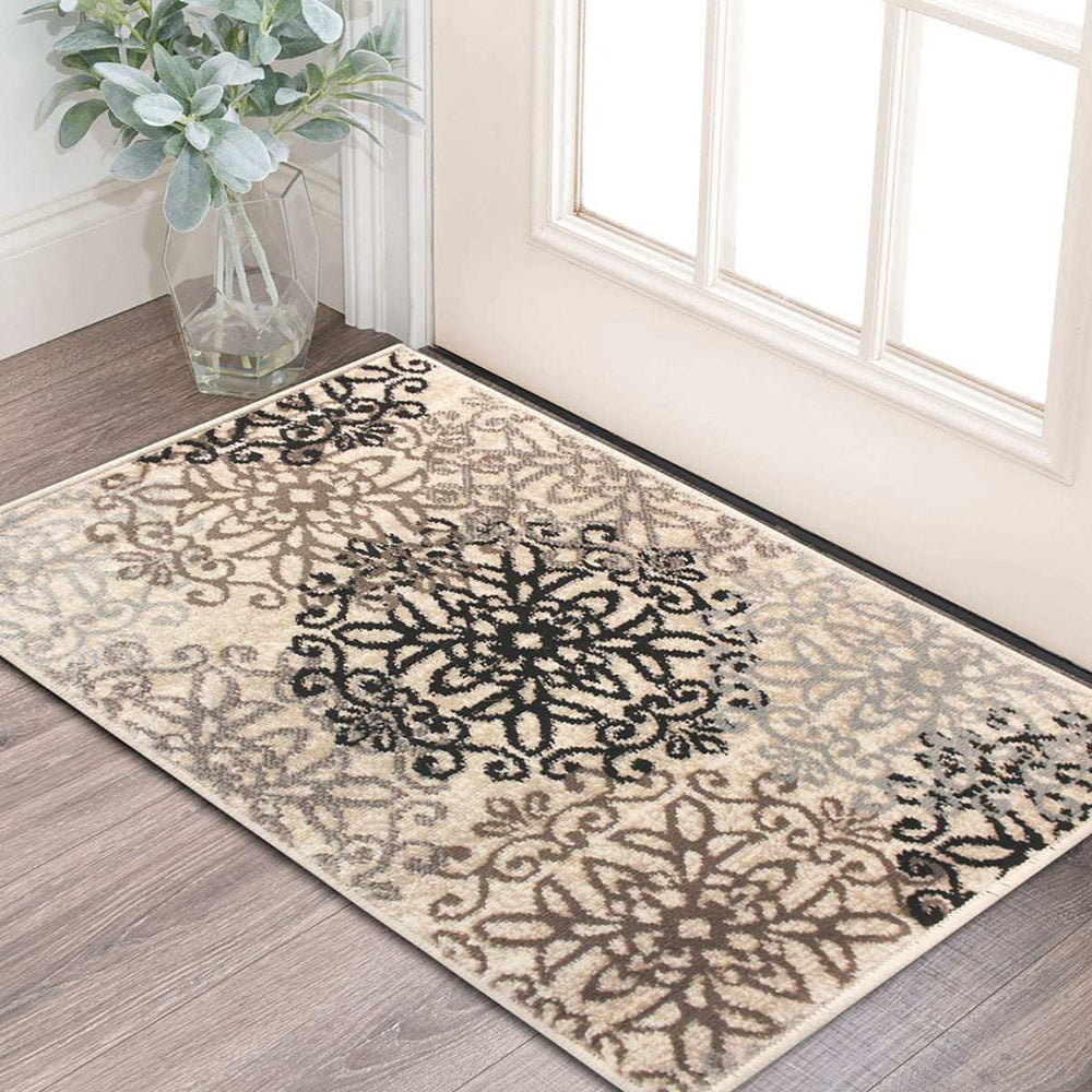 2' X 3' Tan Gray And Black Floral Medallion Stain Resistant Area Rug - Homeroots - Flyclothing LLC