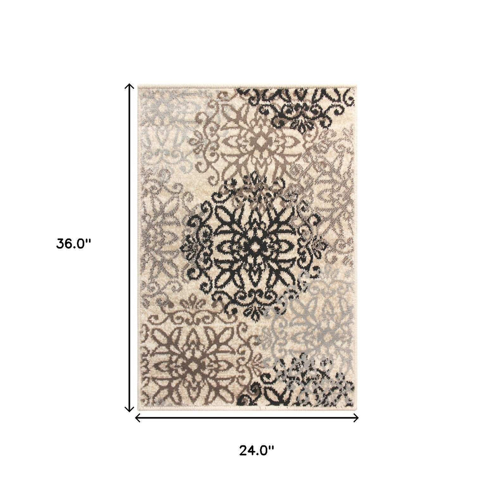 2' X 3' Tan Gray And Black Floral Medallion Stain Resistant Area Rug - Homeroots - Flyclothing LLC