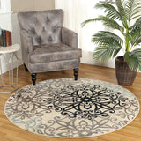 5' Round Tan Gray And Black Round Floral Medallion Stain Resistant Area Rug - Homeroots - Flyclothing LLC