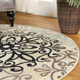 5' Round Tan Gray And Black Round Floral Medallion Stain Resistant Area Rug - Homeroots - Flyclothing LLC