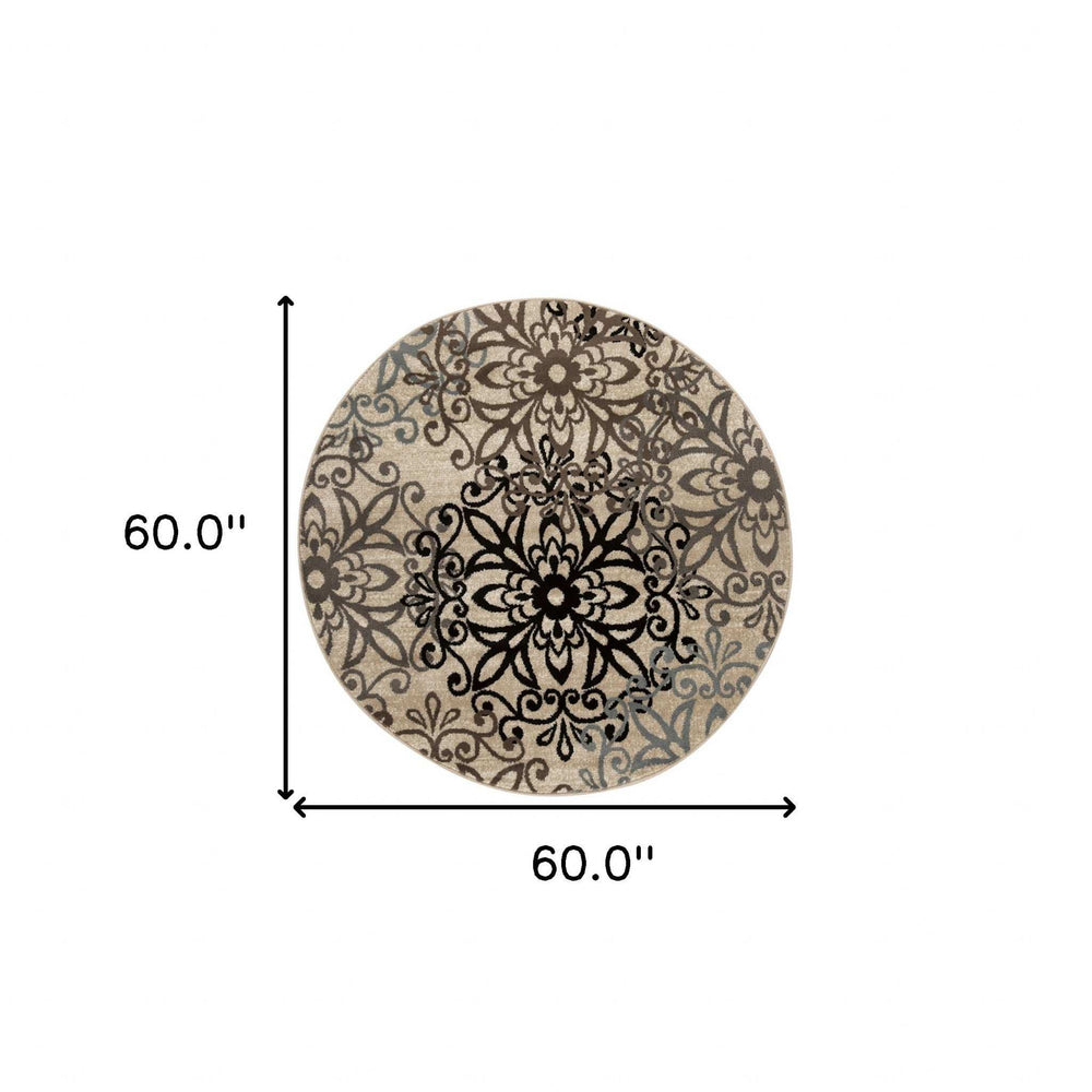 5' Round Tan Gray And Black Round Floral Medallion Stain Resistant Area Rug - Homeroots - Flyclothing LLC