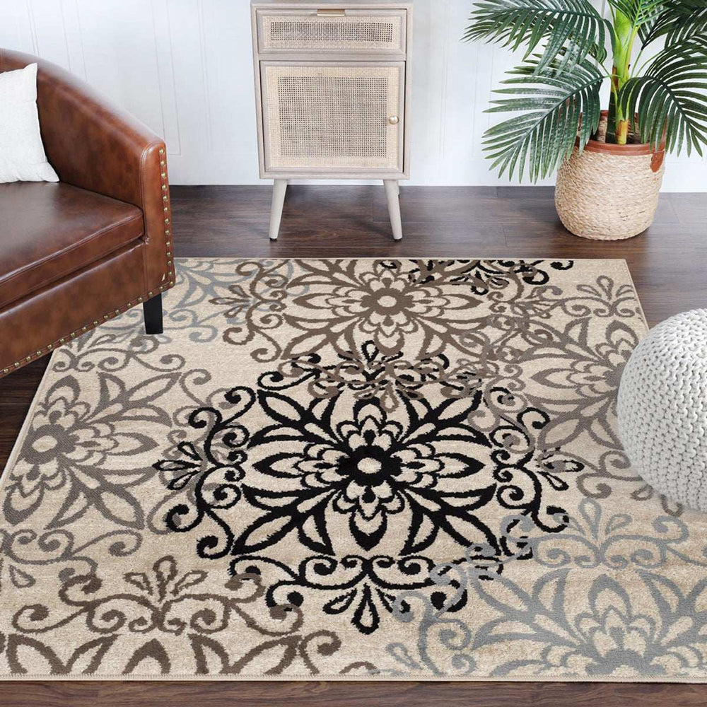 5' Square Tan Gray And Black Square Floral Medallion Stain Resistant Area Rug - Homeroots - Flyclothing LLC