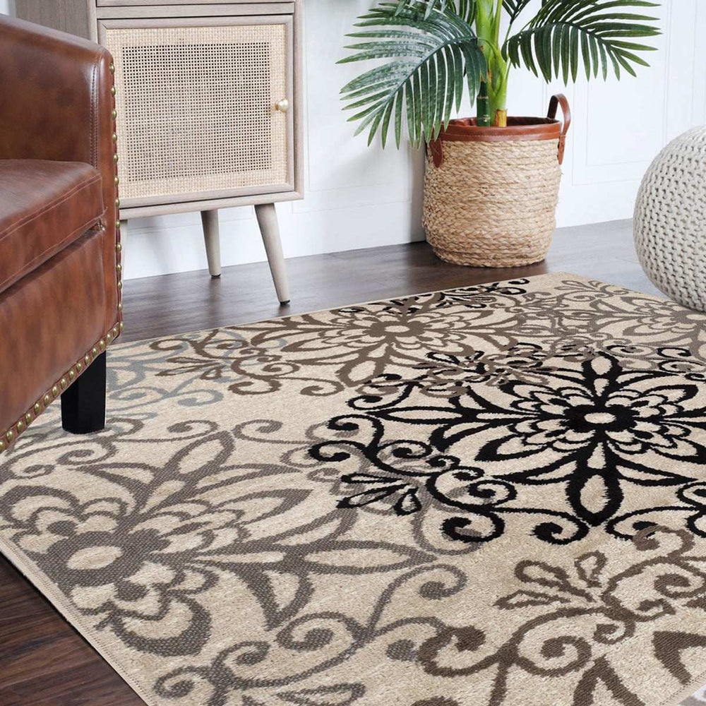5' Square Tan Gray And Black Square Floral Medallion Stain Resistant Area Rug - Homeroots - Flyclothing LLC