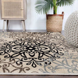 5' Square Tan Gray And Black Square Floral Medallion Stain Resistant Area Rug - Homeroots - Flyclothing LLC