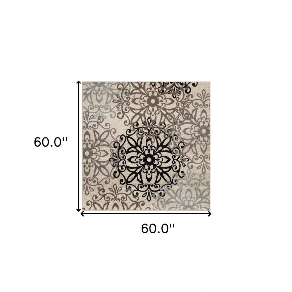 5' Square Tan Gray And Black Square Floral Medallion Stain Resistant Area Rug - Homeroots - Flyclothing LLC