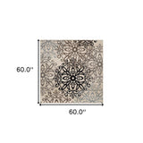 5' Square Tan Gray And Black Square Floral Medallion Stain Resistant Area Rug - Homeroots - Flyclothing LLC