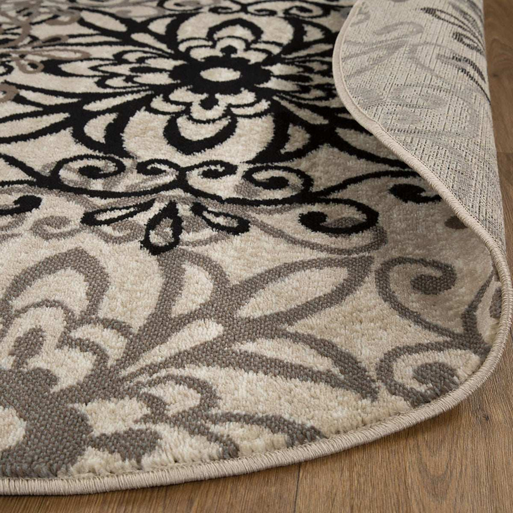 8' Round Tan Gray And Black Round Floral Medallion Stain Resistant Area Rug - Homeroots - Flyclothing LLC