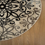8' Round Tan Gray And Black Round Floral Medallion Stain Resistant Area Rug - Homeroots - Flyclothing LLC