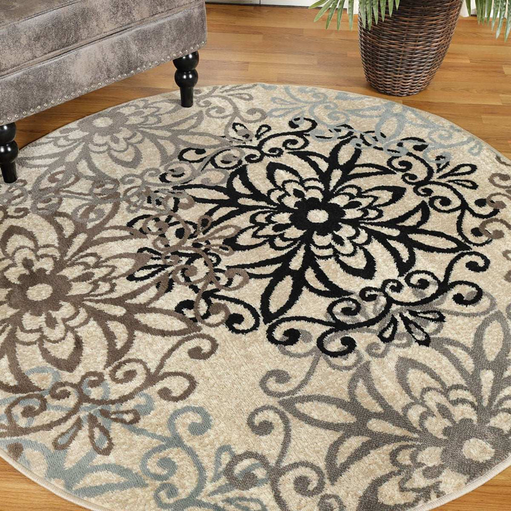 8' Round Tan Gray And Black Round Floral Medallion Stain Resistant Area Rug - Homeroots - Flyclothing LLC