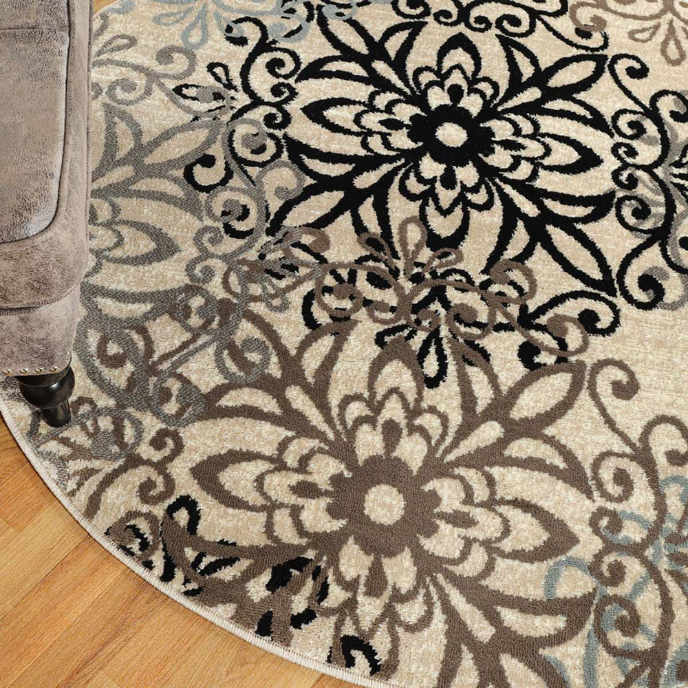 8' Round Tan Gray And Black Round Floral Medallion Stain Resistant Area Rug - Homeroots - Flyclothing LLC