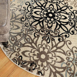 8' Round Tan Gray And Black Round Floral Medallion Stain Resistant Area Rug - Homeroots - Flyclothing LLC