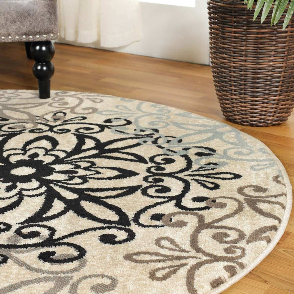 8' Round Tan Gray And Black Round Floral Medallion Stain Resistant Area Rug - Homeroots - Flyclothing LLC