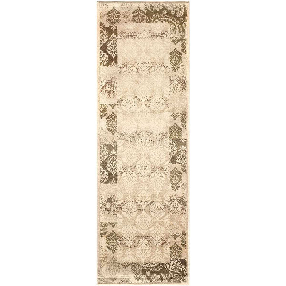 8' Beige Damask Power Loom Distressed Stain Resistant Runner Rug - Homeroots - Flyclothing LLC