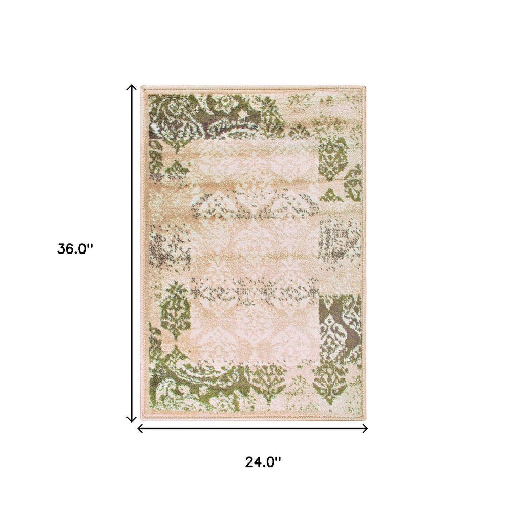 2' X 3' Beige Damask Power Loom Distressed Stain Resistant Area Rug - Homeroots - Flyclothing LLC