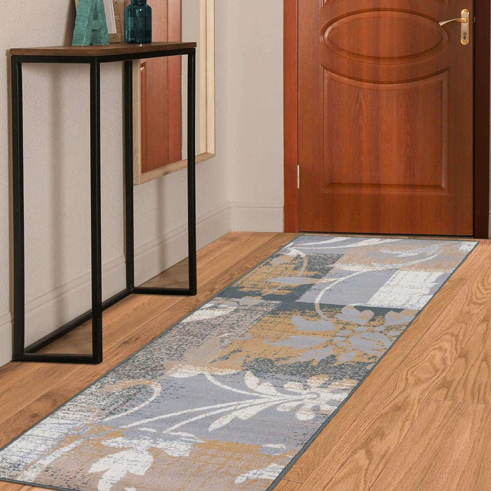 8' Beige And Gray Floral Power Loom Distressed Stain Resistant Runner Rug - Homeroots - Flyclothing LLC