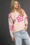 Umgee Round Neck Sweater with Pink Floral Accents - Trendsi - Flyclothing LLC