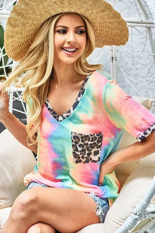 BiBi Tie Dye Print V Neck Top With Front Patch Pocket - Trendsi - Flyclothing LLC