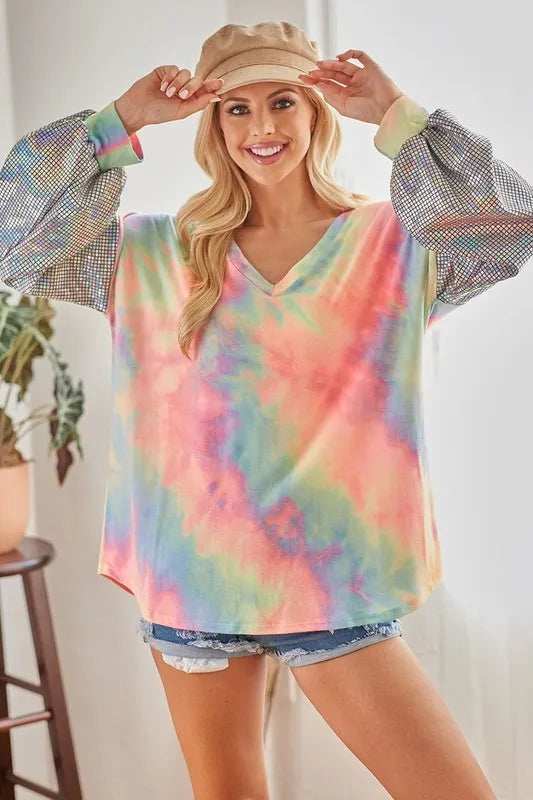 BiBi V Neck Tie Dye French Terry Top with Shiny - Trendsi - Flyclothing LLC