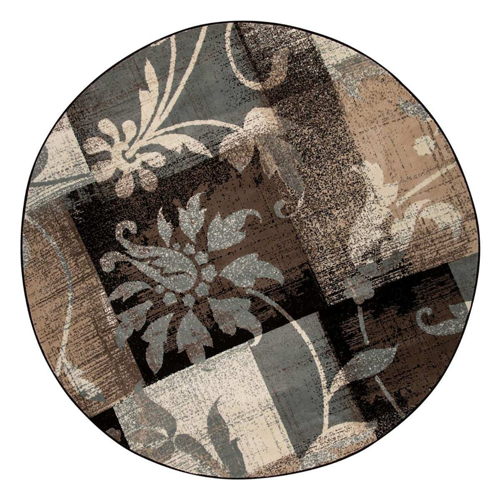 8' Beige Brown and Gray Floral Distressed Round Rug - Homeroots - Flyclothing LLC