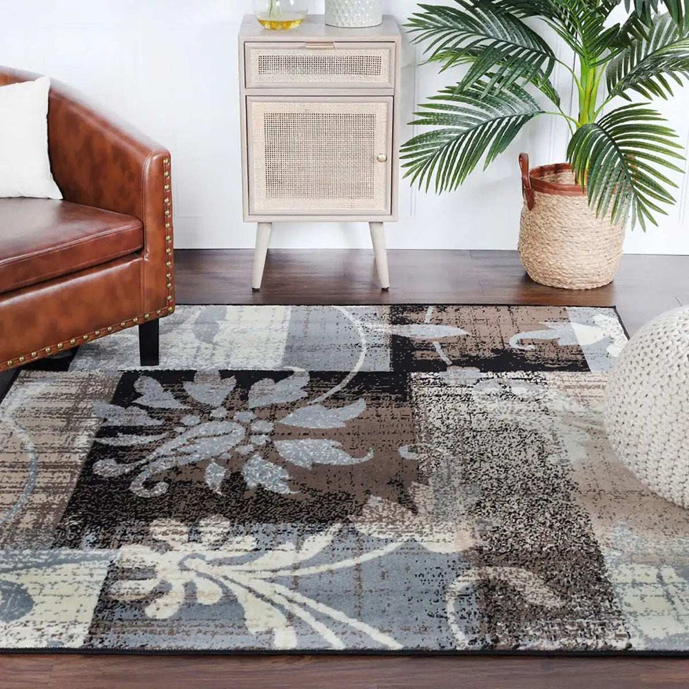 8' Square Beige And Gray Square Floral Power Loom Distressed Stain Resistant Area Rug - Homeroots - Flyclothing LLC