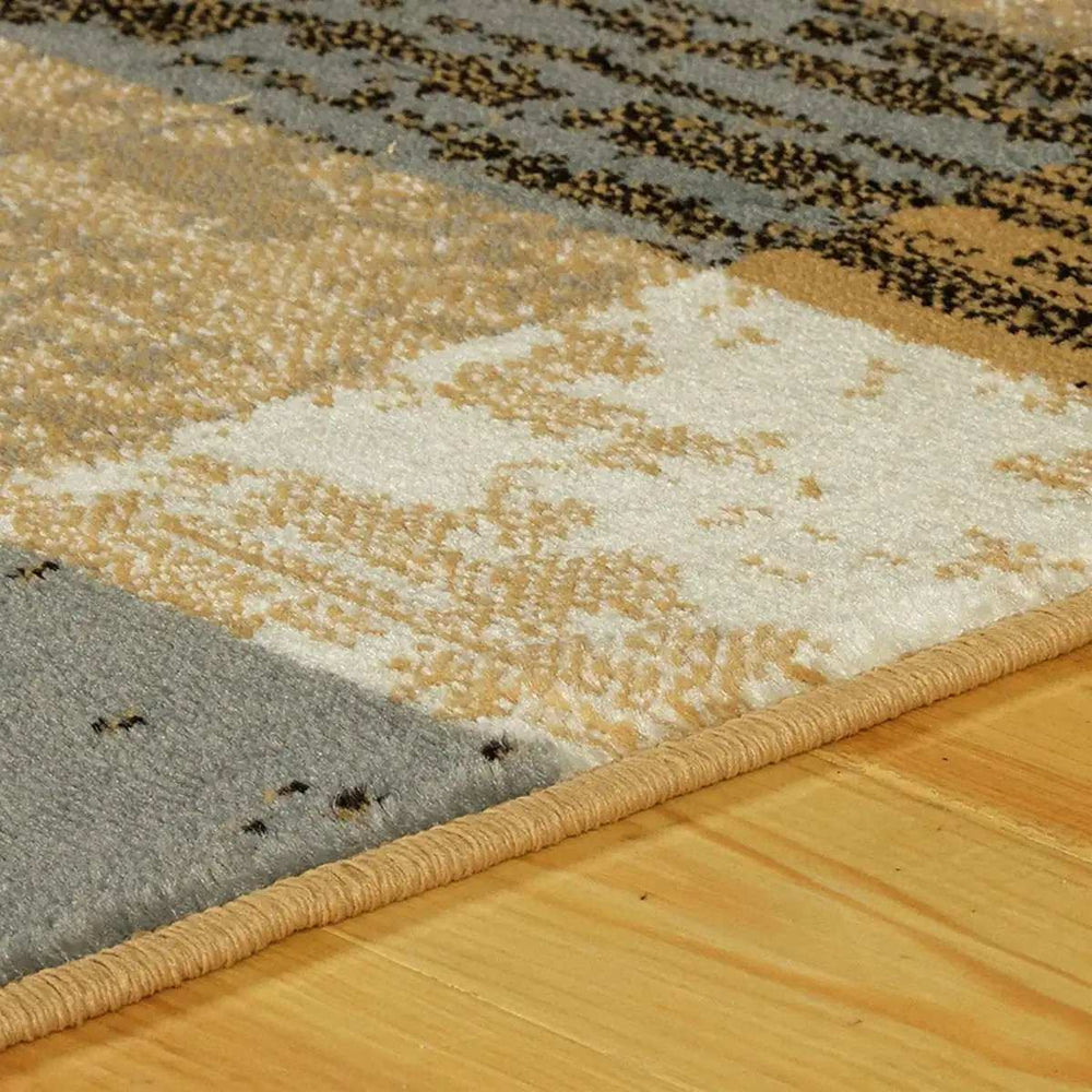 12' Brown Blue and Beige Patchwork Stain Resistant Runner Rug - Homeroots - Flyclothing LLC