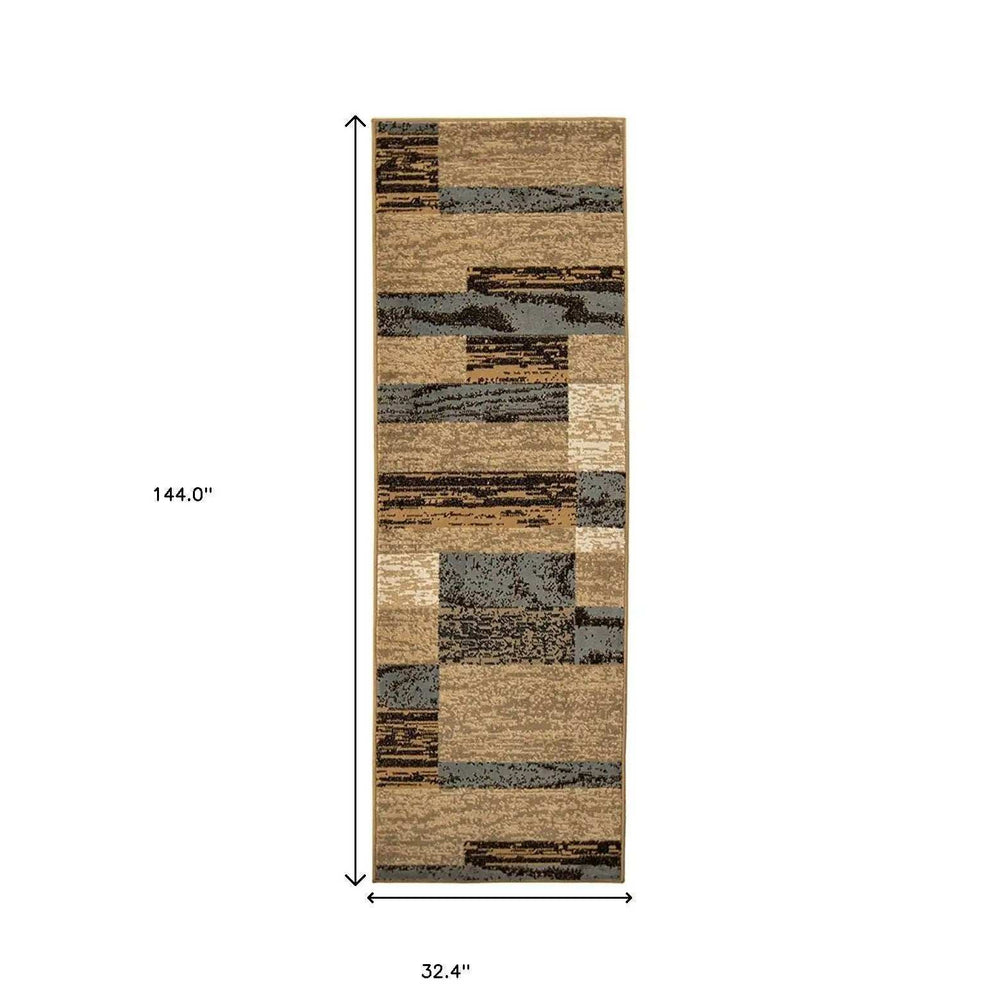 12' Brown Blue and Beige Patchwork Stain Resistant Runner Rug - Homeroots - Flyclothing LLC