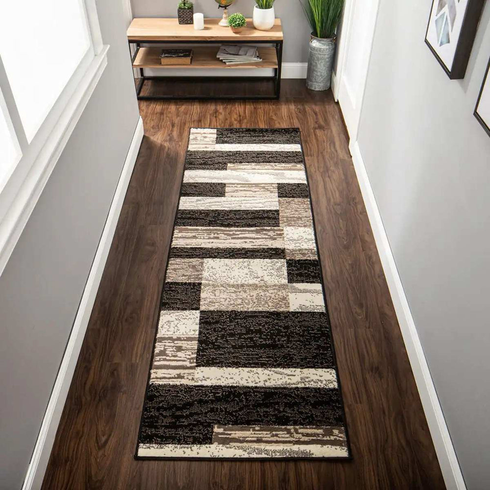 8' Chocolate Patchwork Power Loom Stain Resistant Runner Rug - Homeroots - Flyclothing LLC