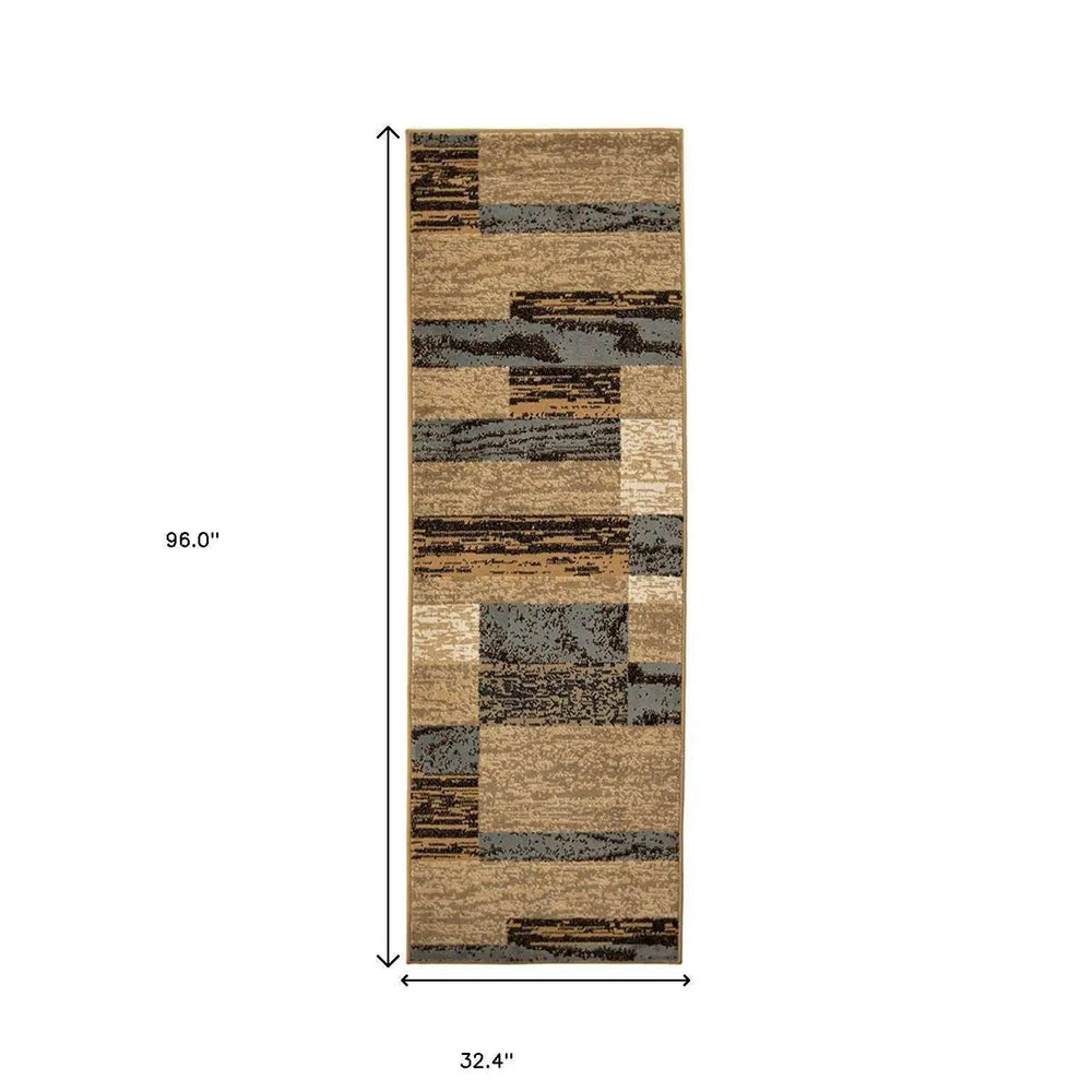 8' Light Blue And Beige Patchwork Power Loom Stain Resistant Runner Rug - Homeroots - Flyclothing LLC