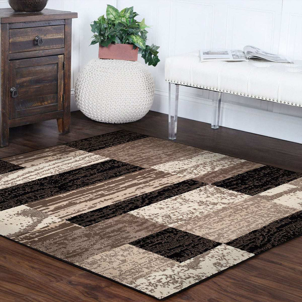 5' Square Chocolate Square Patchwork Power Loom Stain Resistant Area Rug - Homeroots - Flyclothing LLC