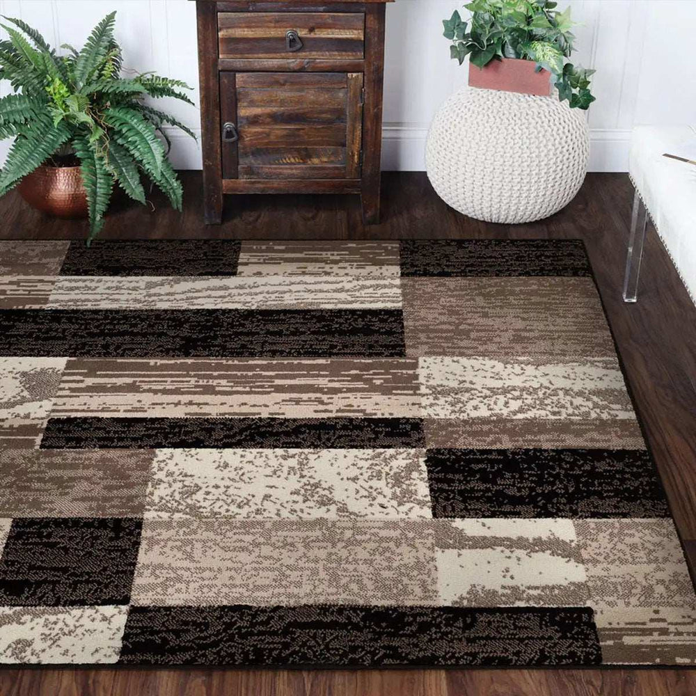 5' Square Chocolate Square Patchwork Power Loom Stain Resistant Area Rug - Homeroots - Flyclothing LLC
