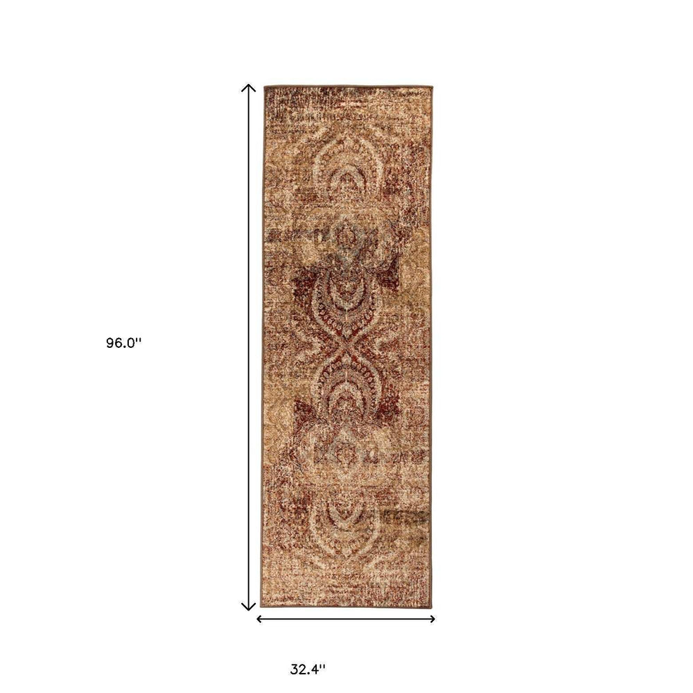 8' Maroon And Gold Abstract Power Loom Distressed Stain Resistant Runner Rug - Homeroots - Flyclothing LLC