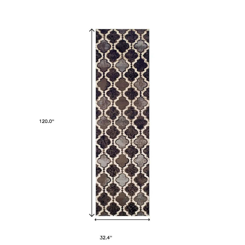10' Chocolate Quatrefoil Power Loom Distressed Stain Resistant Runner Rug - Homeroots - Flyclothing LLC