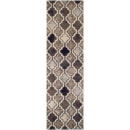 10' Ivory Quatrefoil Power Loom Distressed Stain Resistant Runner Rug - Homeroots - Flyclothing LLC