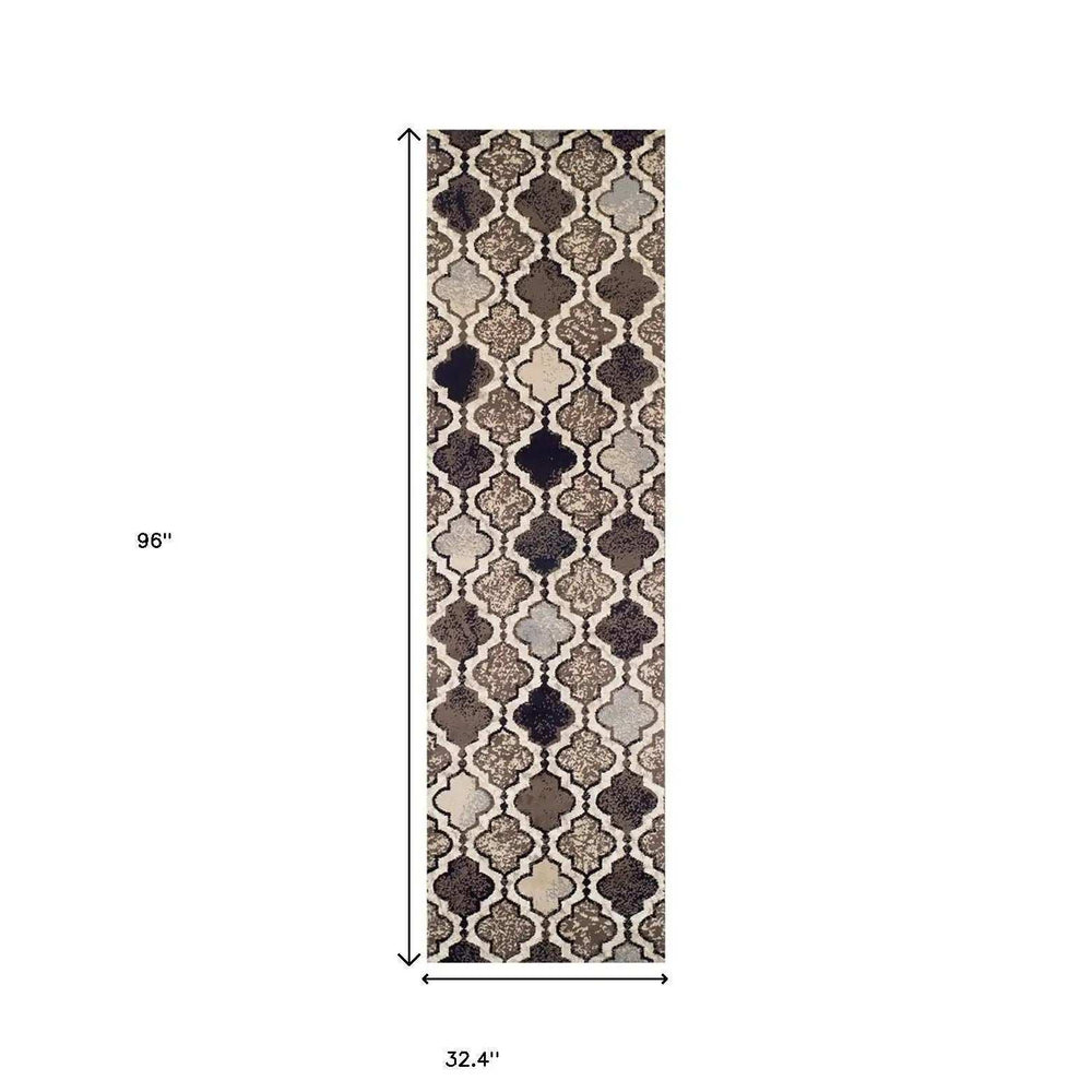 8' Ivory Quatrefoil Power Loom Distressed Stain Resistant Runner Rug - Homeroots - Flyclothing LLC
