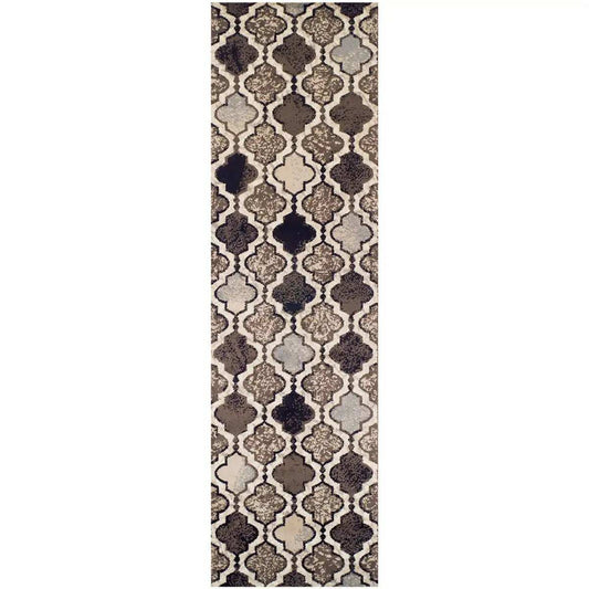 11' Ivory Quatrefoil Power Loom Distressed Runner Rug - Homeroots - Flyclothing LLC