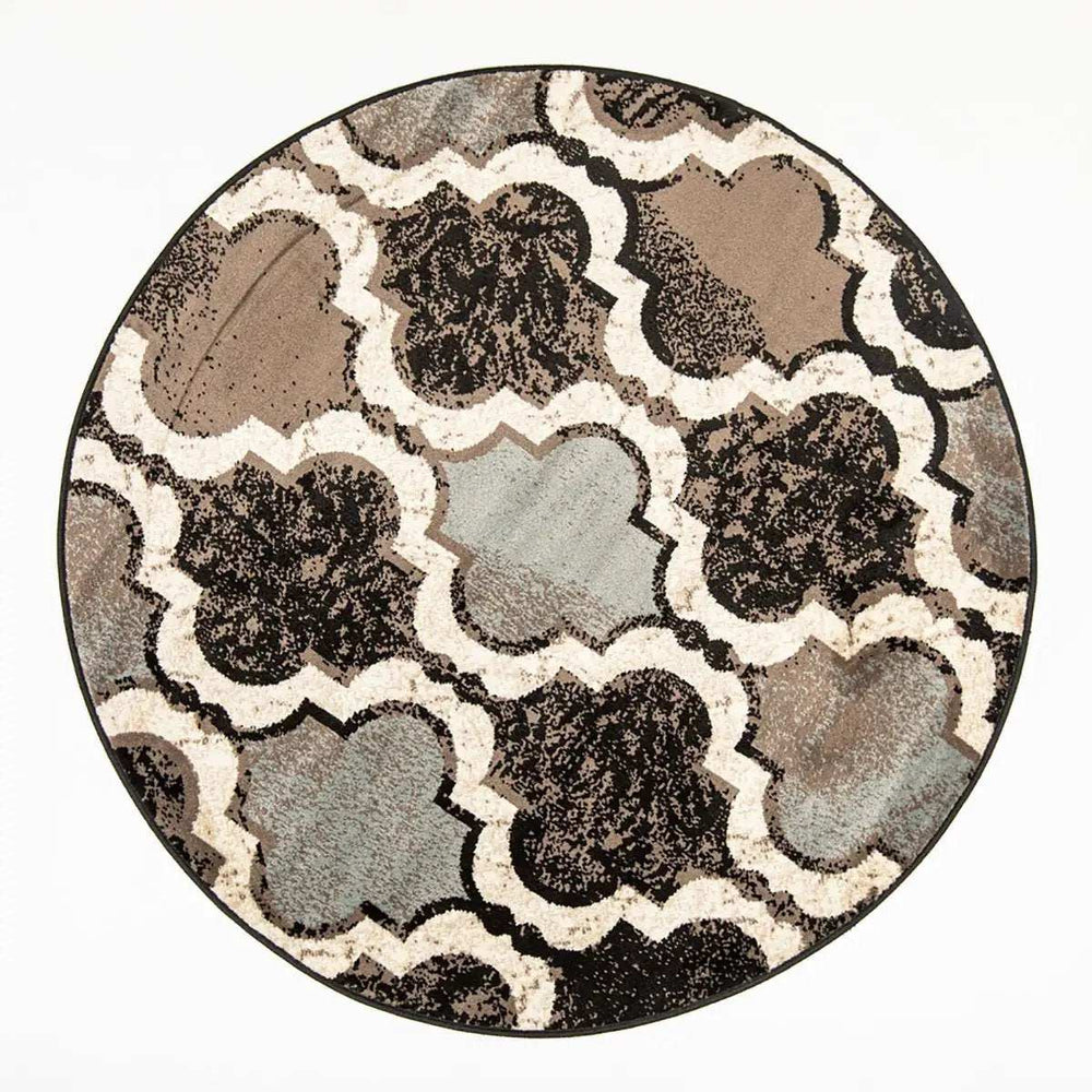 5' Round Chocolate Round Quatrefoil Power Loom Distressed Stain Resistant Area Rug - Homeroots - Flyclothing LLC