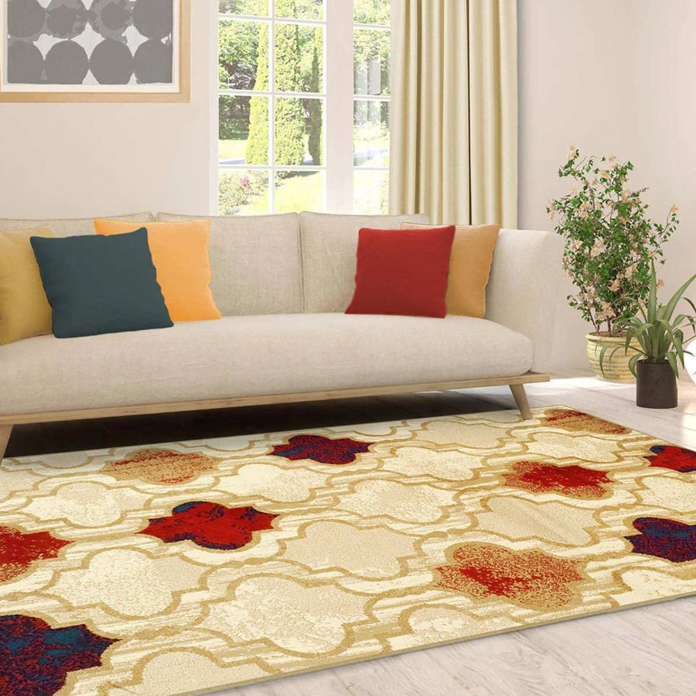 5' X 8' Beige Quatrefoil Power Loom Distressed Stain Resistant Area Rug - Homeroots - Flyclothing LLC