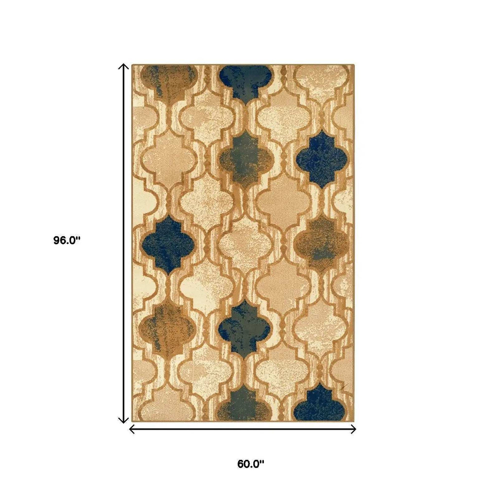 5' X 8' Cream Quatrefoil Power Loom Distressed Stain Resistant Area Rug - Homeroots - Flyclothing LLC