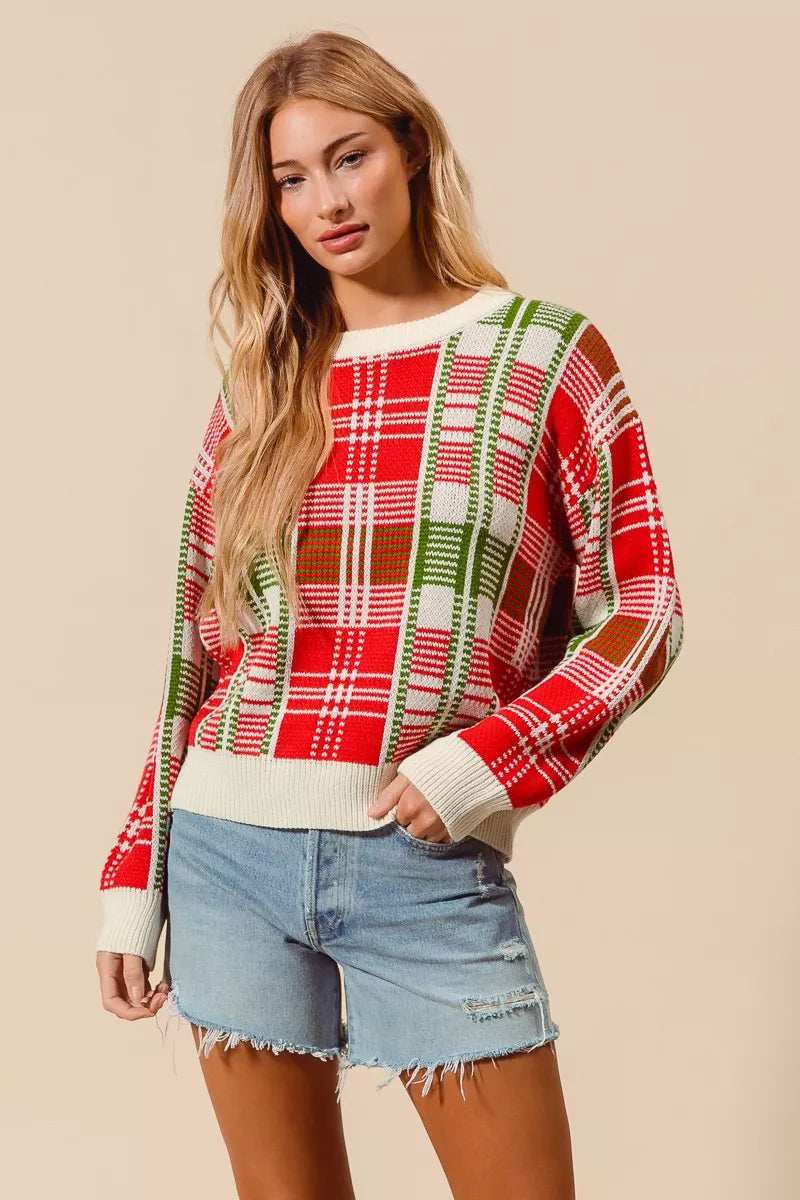 SO ME Christmas Color Checkered Plaid Crew Neck Sweater - Trendsi - Flyclothing LLC