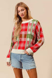 SO ME Christmas Color Checkered Plaid Crew Neck Sweater - Trendsi - Flyclothing LLC