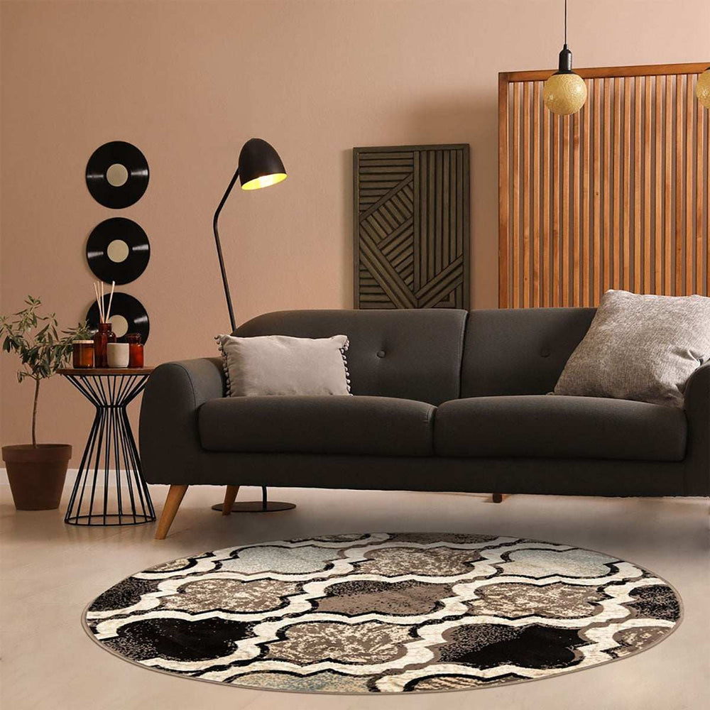 8' Round Ivory Round Quatrefoil Power Loom Distressed Stain Resistant Area Rug - Homeroots - Flyclothing LLC