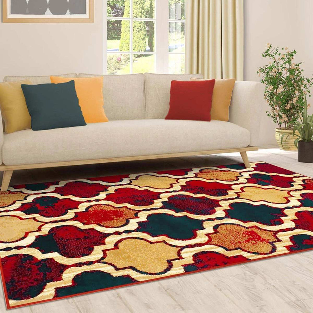8' X 10' Red Blue Quatrefoil Power Loom Distressed Stain Resistant Area Rug - Homeroots - Flyclothing LLC