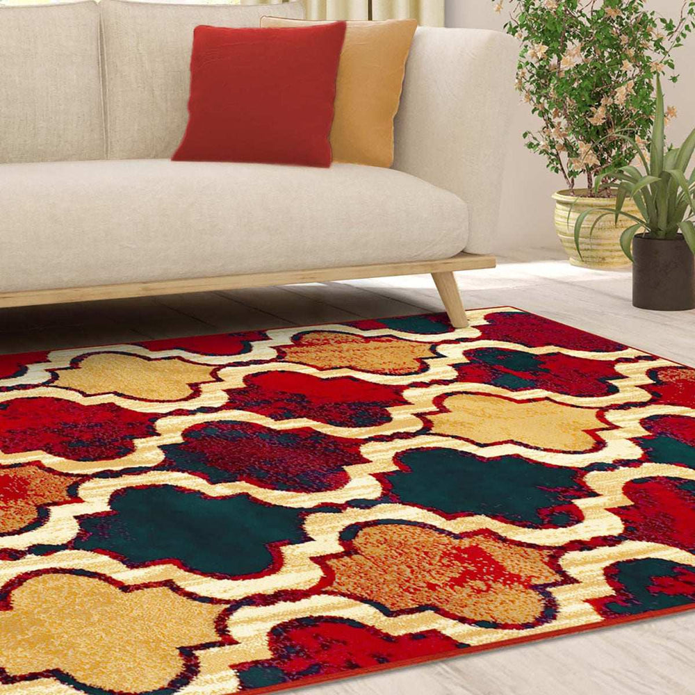 8' X 10' Red Blue Quatrefoil Power Loom Distressed Stain Resistant Area Rug - Homeroots - Flyclothing LLC
