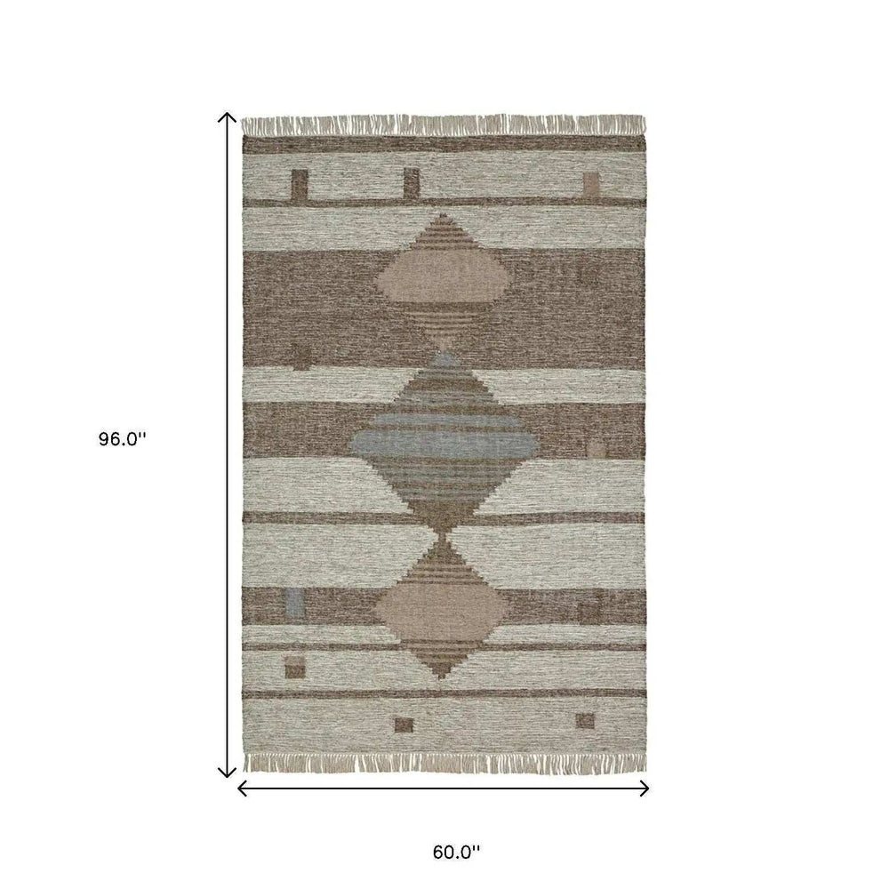 5' X 8' Grey Geometric Flatweave Handmade Stain Resistant Area Rug With Fringe - Homeroots - Flyclothing LLC