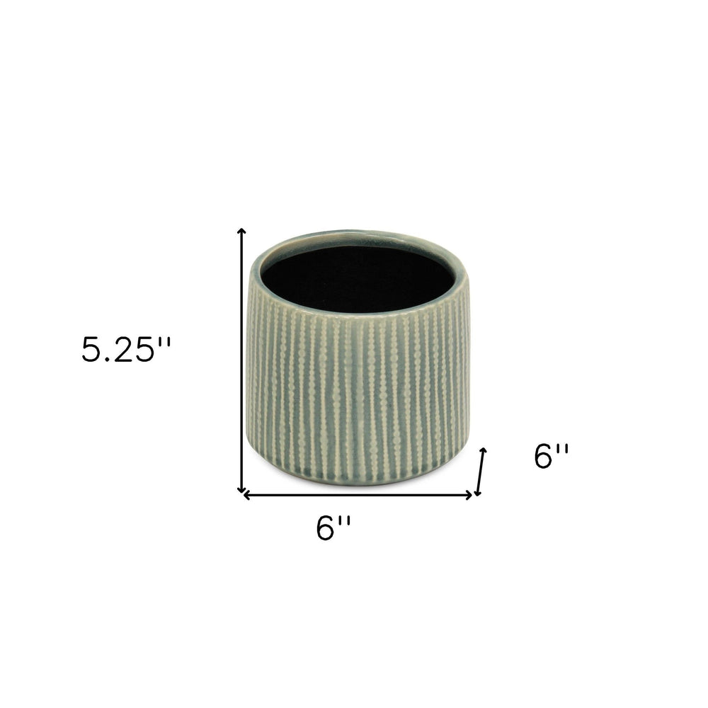 6" Green Striped Ceramic Indoor Outdoor Round Pot Planter - Homeroots - Flyclothing LLC