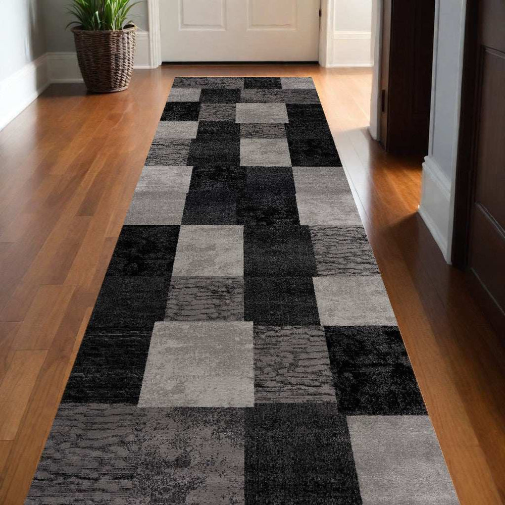 13' Gray and Black Geometric Power Loom Distressed Runner Rug - Homeroots - Flyclothing LLC