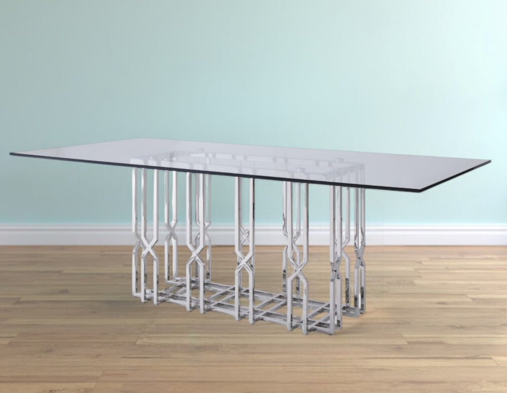 87" Clear And Silver Glass And Stainless Steel Pedestal Base Dining Table - Homeroots - Flyclothing LLC
