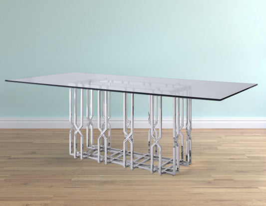 87" Clear And Silver Glass And Stainless Steel Pedestal Base Dining Table - Homeroots