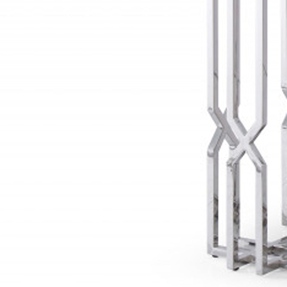 87" Clear And Silver Glass And Stainless Steel Pedestal Base Dining Table - Homeroots - Flyclothing LLC