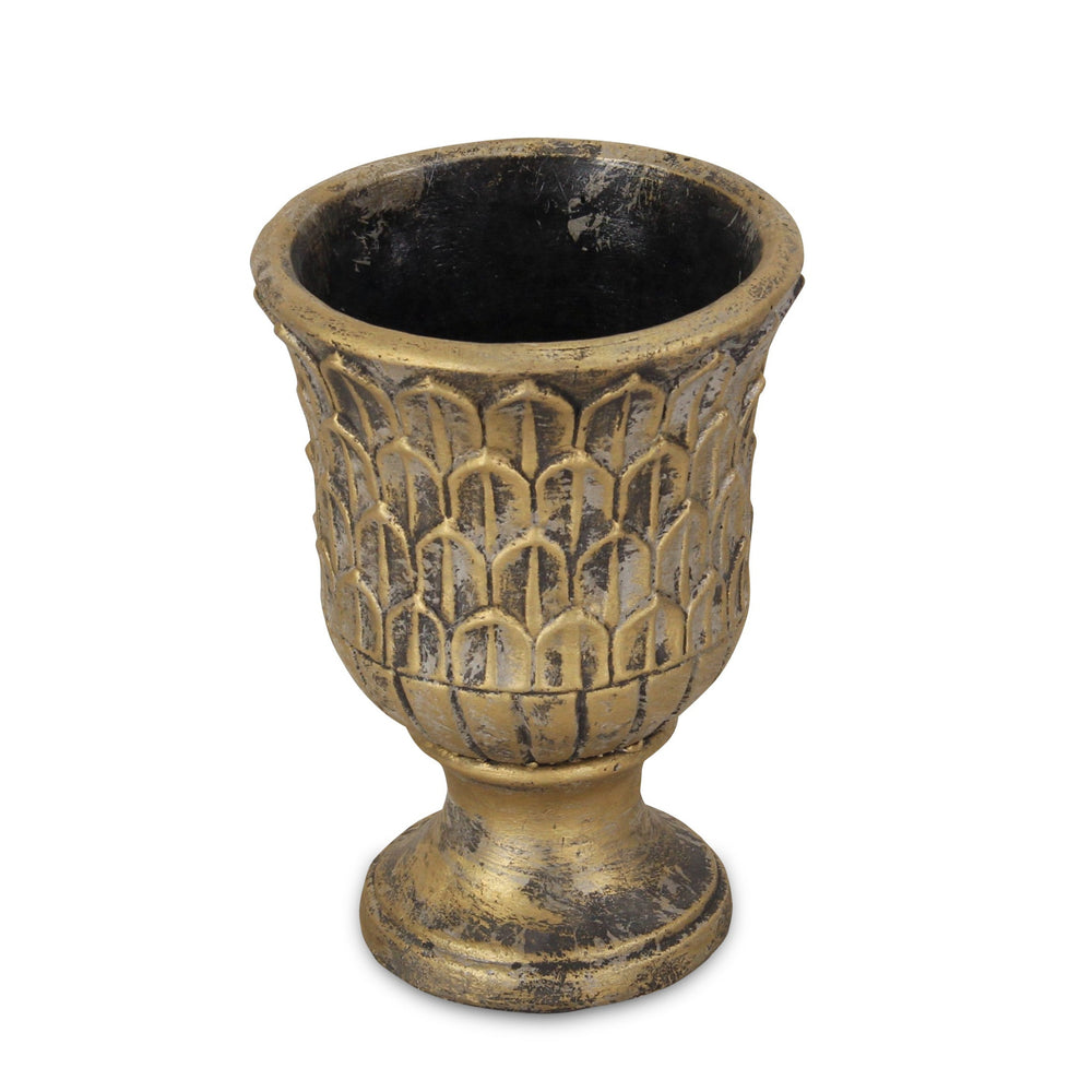 7" Antiqued Brass Textural Tone On Tone Cement Indoor Outdoor Round Urn Planter - Homeroots - Flyclothing LLC